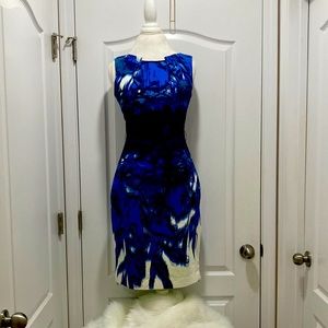 Tahari Blue, White Abstract Printed Cotton Belted Sleeveless Sheath Dress Size 8